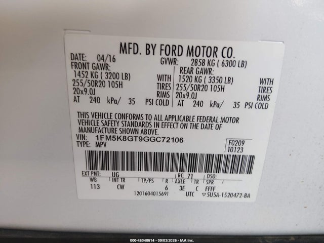 Ford EXPLORER SPORT 2016 1FM5K8GT9GGC72106 Image 9