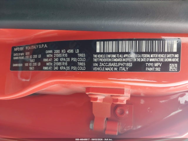 2018 Jeep Renegade Sport 4x4 მანქანა იყიდება აუქციონზე, vin: ZACCJBAB2JPH71853, აუქციონის ნომერი: 46048617