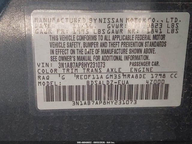 Продажа на аукционе авто 2017 Nissan Sentra Sv, vin: 3N1AB7AP8HY231073, номер лота: 46048652