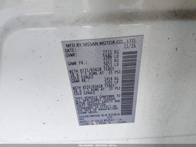 46048663 :رقم المزاد ، 5N1DR2MN3HC643084 vin ، 2017 Nissan Pathfinder Sl مزاد بيع