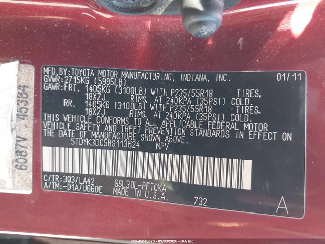 Aukcja sprzedaży 2011 Toyota Sienna Ltd, vin: 5TDYK3DC5BS113624, numer aukcji: 46048670