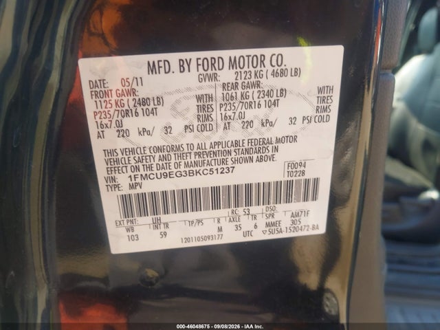 2011 Ford Escape Limited მანქანა იყიდება აუქციონზე, vin: 1FMCU9EG3BKC51237, აუქციონის ნომერი: 46048675