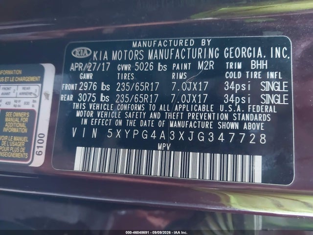 KIA Sorento 2.4l Lx 2018 5XYPG4A3XJG347728 Image 9