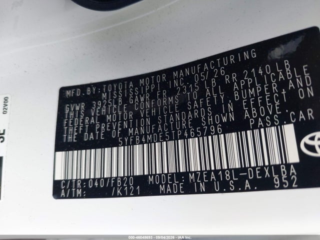 Продажа на аукционе авто 2026 Toyota Corolla Le, vin: 5YFB4MDE5TP465796, номер лота: 46048693