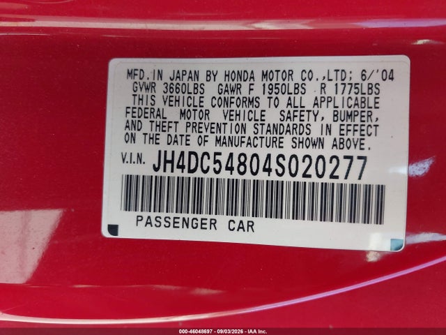 Aukcja sprzedaży 2004 Acura Rsx, vin: JH4DC54804S020277, numer aukcji: 46048697
