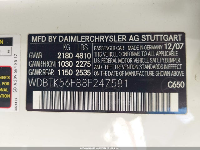 Продаж на аукціоні авто 2008 Mercedes-benz Clk 350, vin: WDBTK56F88F247581, номер лоту: 46048699