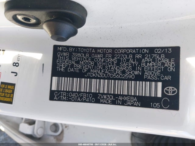 Aukcja sprzedaży 2013 Toyota Prius Two, vin: JTDKN3DU7D5602590, numer aukcji: 46048706