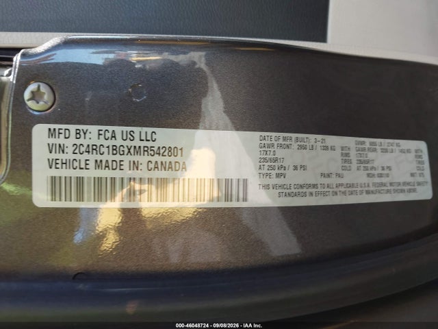 Продаж на аукціоні авто 2021 Chrysler Pacifica Touring L, vin: 2C4RC1BGXMR542801, номер лоту: 46048724