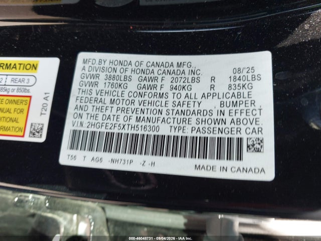 2HGFE2F5XTH516300 Honda Civic Sport