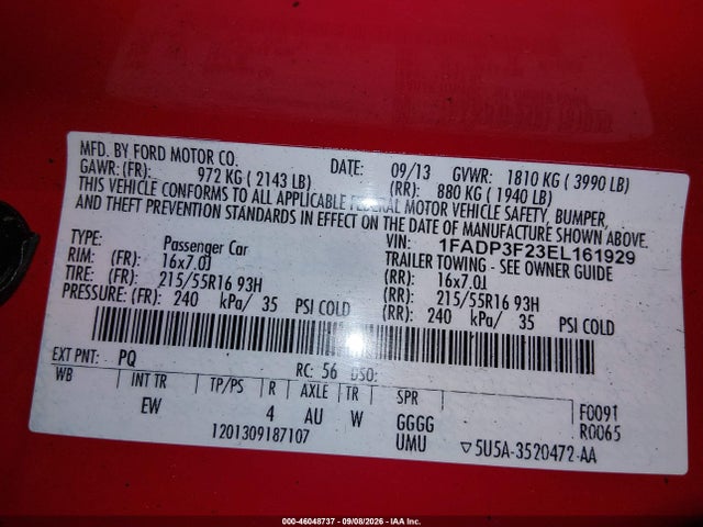 46048737 :رقم المزاد ، 1FADP3F23EL161929 vin ، 2014 Ford Focus Se مزاد بيع