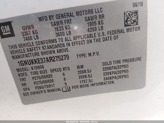2010 Chevrolet Suburban 1500 Ltz მანქანა იყიდება აუქციონზე, vin: 1GNUKKE37AR275279, აუქციონის ნომერი: 46048759