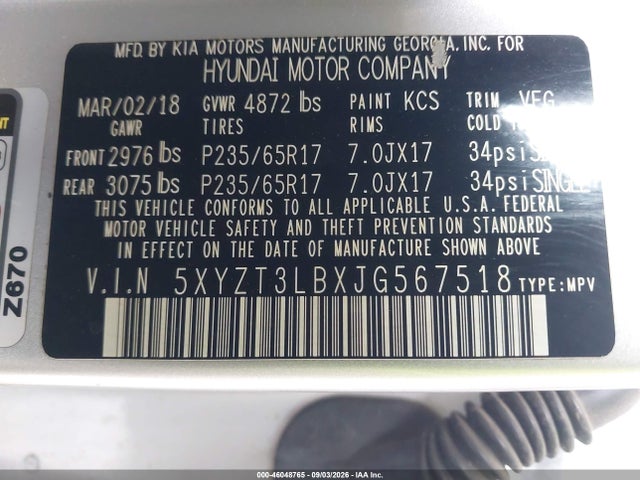 2018 Hyundai Santa Fe Sport 2.4l მანქანა იყიდება აუქციონზე, vin: 5XYZT3LBXJG567518, აუქციონის ნომერი: 46048765