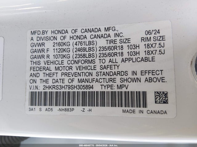 2HKRS3H79SH305894 Honda Cr-v Ex-l 2wd