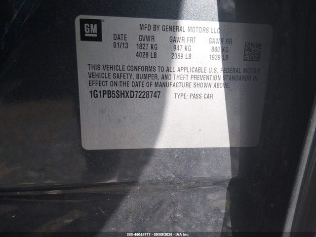 46048777 :رقم المزاد ، 1G1PB5SHXD7228747 vin ، 2013 Chevrolet Cruze Ls Manual مزاد بيع