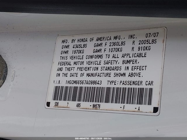 Продаж на аукціоні авто 2007 Honda Accord 3.0 Ex, vin: 1HGCM66567A098643, номер лоту: 46048793