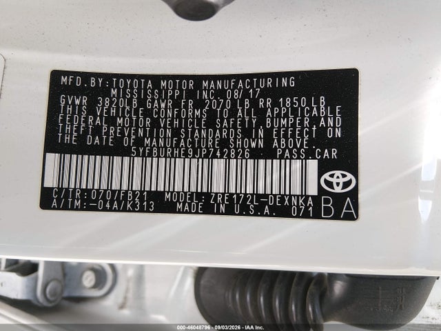 Продаж на аукціоні авто 2018 Toyota Corolla Le, vin: 5YFBURHE9JP742826, номер лоту: 46048796