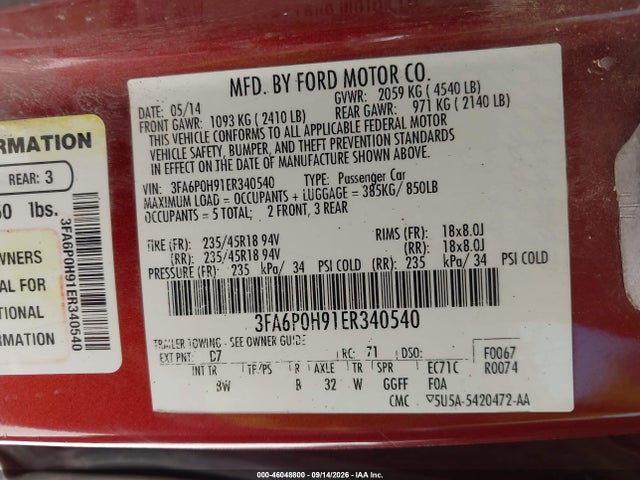 Продаж на аукціоні авто 2014 Ford Fusion Se, vin: 3FA6P0H91ER340540, номер лоту: 46048800