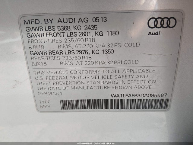 Продажа на аукционе авто 2013 Audi Q5 2.0t Premium, vin: WA1LFAFP3DA095587, номер лота: 46048802