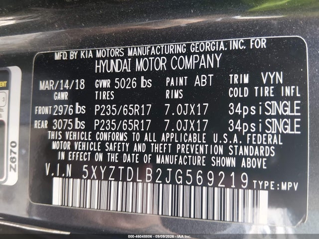 2018 Hyundai Santa Fe Sport 2.4l მანქანა იყიდება აუქციონზე, vin: 5XYZTDLB2JG569219, აუქციონის ნომერი: 46048806