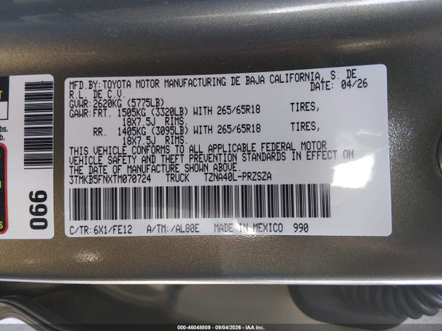 Продаж на аукціоні авто 2026 Toyota Tacoma Trd Sport, vin: 3TMKB5FNXTM070724, номер лоту: 46048809
