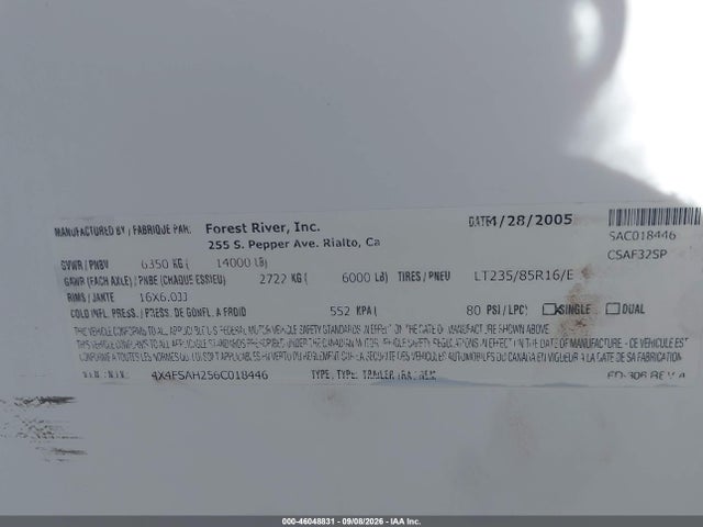 2006 Forest River Sandpiper Toyhauler Travel Trailer მანქანა იყიდება აუქციონზე, vin: 4X4FSAH256C018446, აუქციონის ნომერი: 46048831
