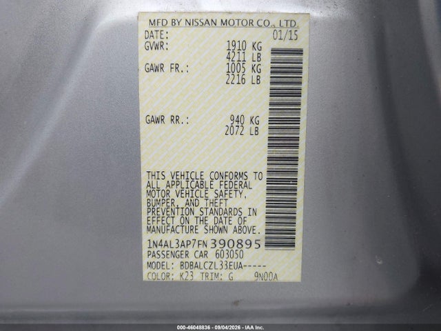 Aukcja sprzedaży 2015 Nissan Altima 2.5/2.5 S/2.5 Sl/2.5 Sv, vin: 1N4AL3AP7FN390895, numer aukcji: 46048836