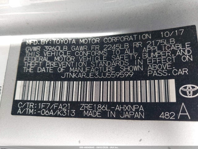 46048845 :رقم المزاد ، JTNKARJE3JJ559599 vin ، 2018 Toyota Corolla Im مزاد بيع