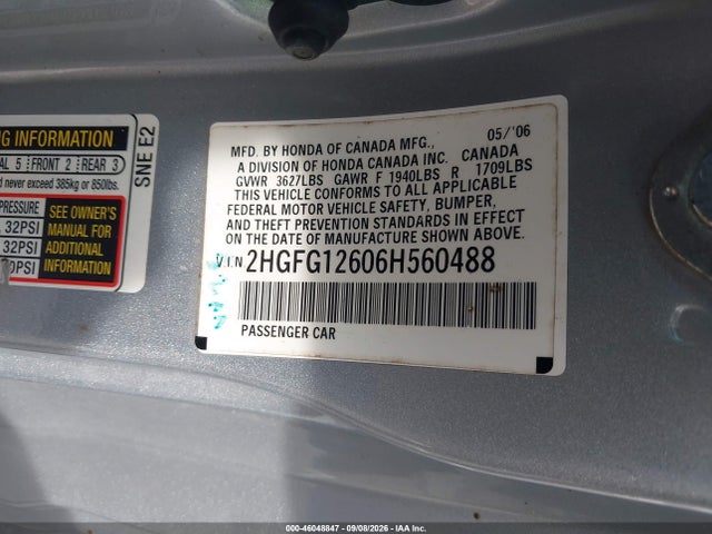 Продажа на аукционе авто 2006 Honda Civic Lx, vin: 2HGFG12606H560488, номер лота: 46048847