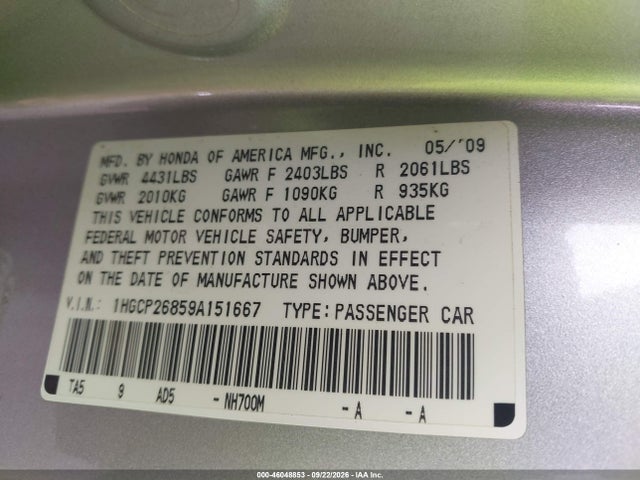 Продажа на аукционе авто 2009 Honda Accord 2.4 Ex-l, vin: 1HGCP26859A151667, номер лота: 46048853