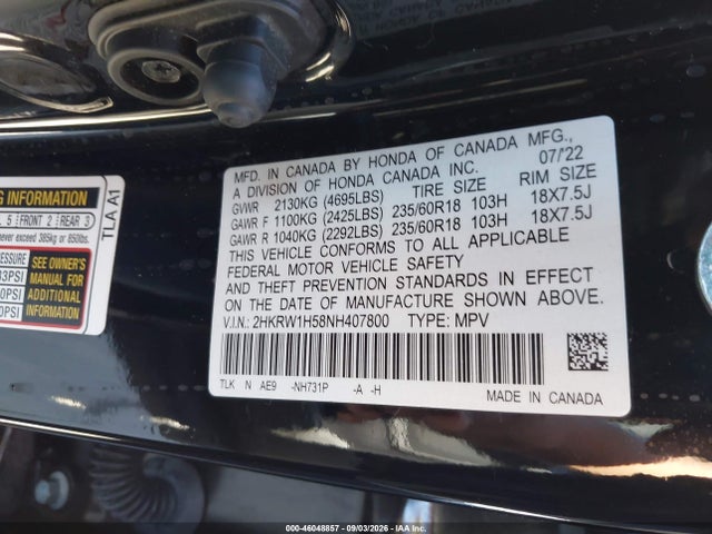 Auction sale of the 2022 Honda Cr-v 2wd Ex, vin: 2HKRW1H58NH407800, lot number: 46048857