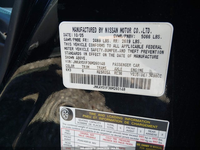 Aukcja sprzedaży 2006 Infiniti M35x, vin: JNKAY01F36M260148, numer aukcji: 46048879