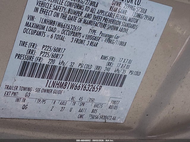 46048882 :رقم المزاد ، 1LNHM81W66Y632659 vin ، 2006 Lincoln Town Car Signature مزاد بيع