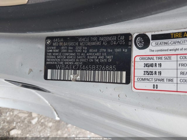 2005 Bmw 645ci მანქანა იყიდება აუქციონზე, vin: WBAEK73465B326885, აუქციონის ნომერი: 46048885
