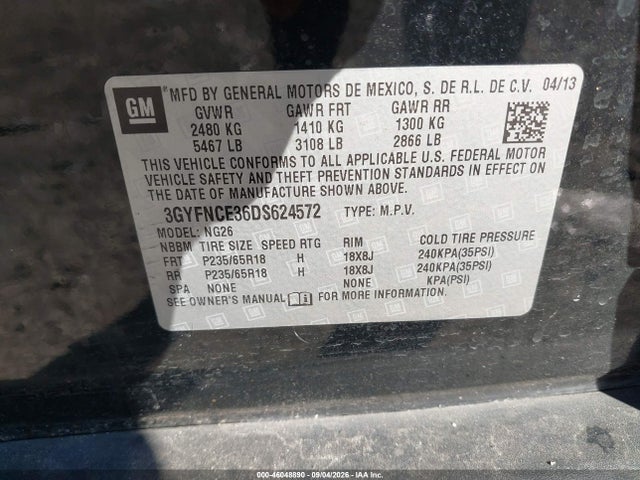 46048890 :رقم المزاد ، 3GYFNCE36DS624572 vin ، 2013 Cadillac Srx Luxury Collection مزاد بيع