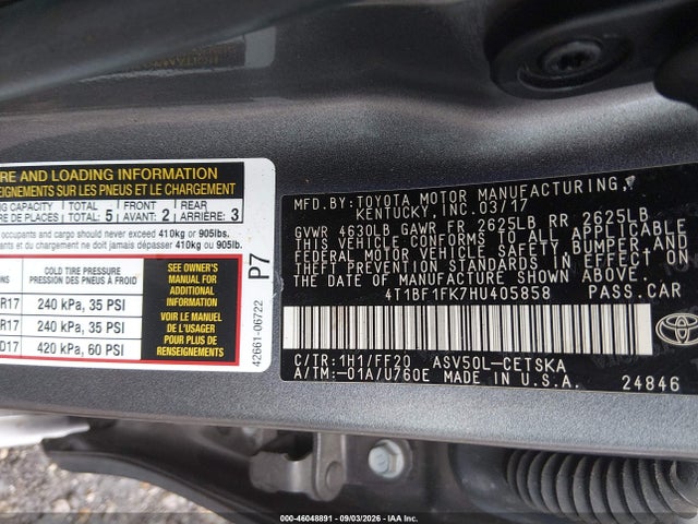 2017 Toyota Camry Se მანქანა იყიდება აუქციონზე, vin: 4T1BF1FK7HU405858, აუქციონის ნომერი: 46048891