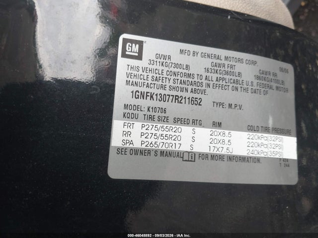 Продажа на аукционе авто 2007 Chevrolet Tahoe Lt, vin: 1GNFK13077R211652, номер лота: 46048892
