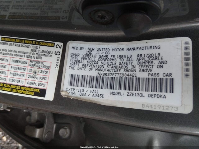 Aukcja sprzedaży 2007 Toyota Corolla Ce, vin: 1NXBR32E77Z834421, numer aukcji: 46048897
