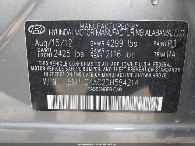 Продаж на аукціоні авто 2013 Hyundai Sonata Limited, vin: 5NPEC4AC2DH584214, номер лоту: 46048901
