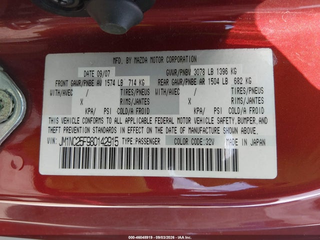 Aukcja sprzedaży 2008 Mazda Mx-5 Touring, vin: JM1NC25F980142915, numer aukcji: 46048919