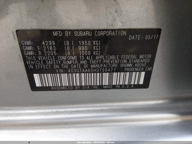 2017 Subaru Impreza 2.0i მანქანა იყიდება აუქციონზე, vin: 4S3GTAA65H3739471, აუქციონის ნომერი: 46048924