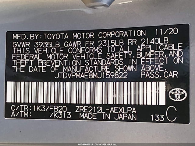 46048929 :رقم المزاد ، JTDVPMAE8MJ159822 vin ، 2021 Toyota Corolla Le مزاد بيع