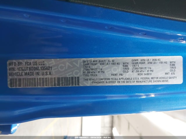 2022 Jeep Gladiator Rubicon 4x4 მანქანა იყიდება აუქციონზე, vin: 1C6JJTBG0NL135621, აუქციონის ნომერი: 46048931