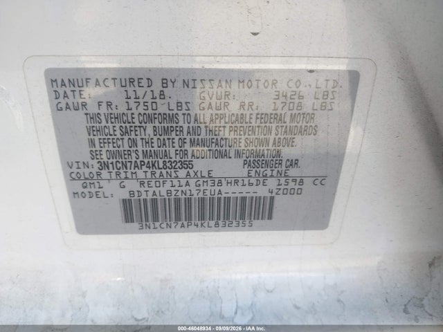 Nissan Versa 1.6 Sv 2019 3N1CN7AP4KL832355 Image 9