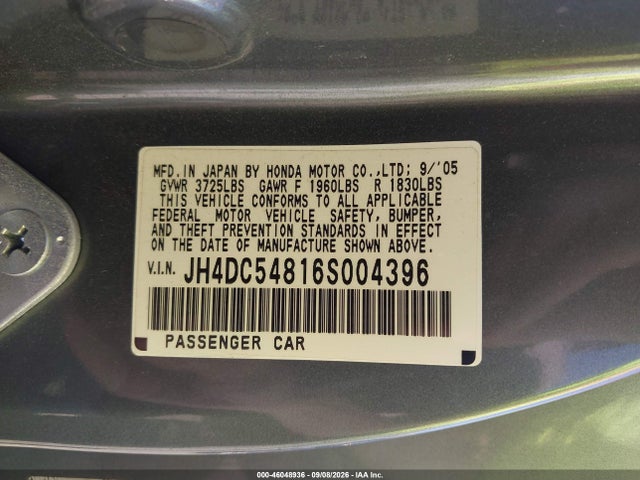 46048936 :رقم المزاد ، JH4DC54816S004396 vin ، 2006 Acura Rsx مزاد بيع