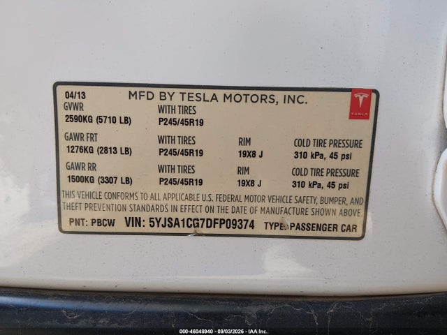 Продажа на аукционе авто 2013 Tesla Model S, vin: 5YJSA1CG7DFP09374, номер лота: 46048940