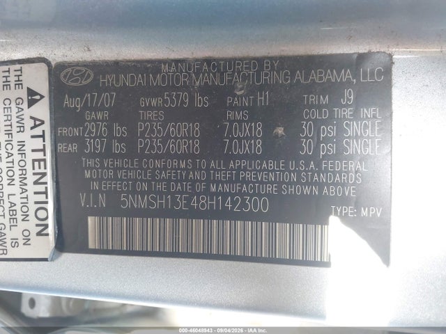 46048943 :رقم المزاد ، 5NMSH13E48H142300 vin ، 2008 Hyundai Santa Fe Limited/se مزاد بيع