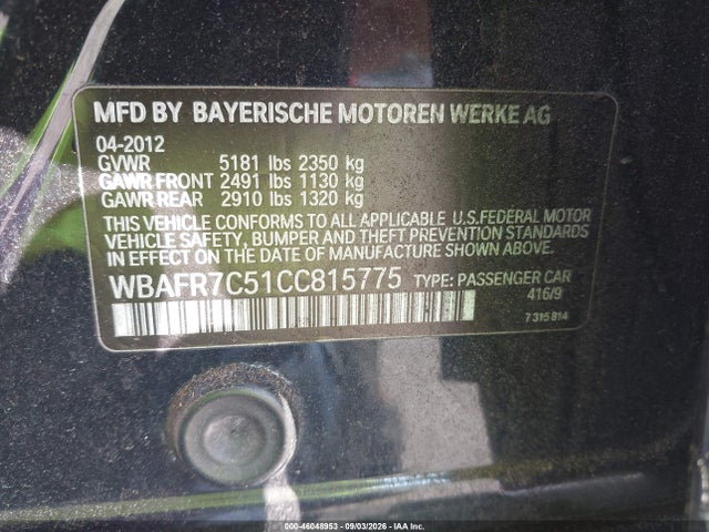 Aukcja sprzedaży 2012 Bmw 535i, vin: WBAFR7C51CC815775, numer aukcji: 46048953