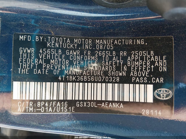 2006 Toyota Avalon Xl მანქანა იყიდება აუქციონზე, vin: 4T1BK36B56U070328, აუქციონის ნომერი: 46048957