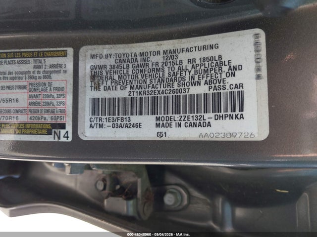 46048960 :رقم المزاد ، 2T1KR32EX4C260037 vin ، 2004 Toyota Matrix Xr مزاد بيع