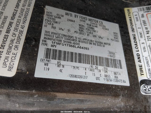 Продажа на аукционе авто 2008 Ford Expedition Eddie Bauer/king Ranch, vin: 1FMFU17568LA64393, номер лота: 46048968